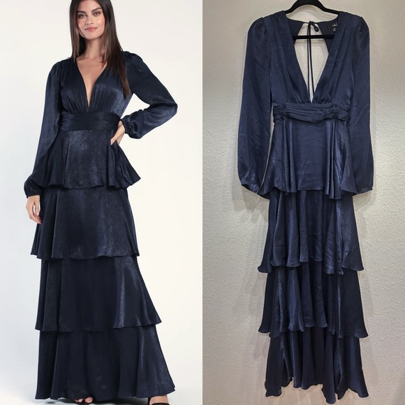 Lulus Dresses & Skirts - Size‎ XS Lulus Tier For Love Navy Blue Satin Long Sleeve Tiered Maxi Dress